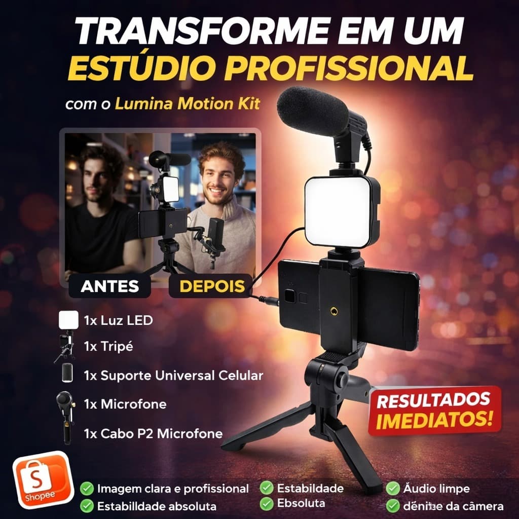 SUPORTE TRIPÉ COM LED PRA CELULAR - Selfie Microfone Lumina Motion Kit Pedal