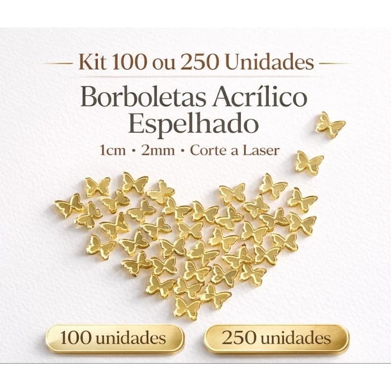 Kit Borboletas Acrílico Espelhado 1cm 2mm – Aplique para Convites, Lembrancinhas e Scrap Dourado/Rosé/Prata