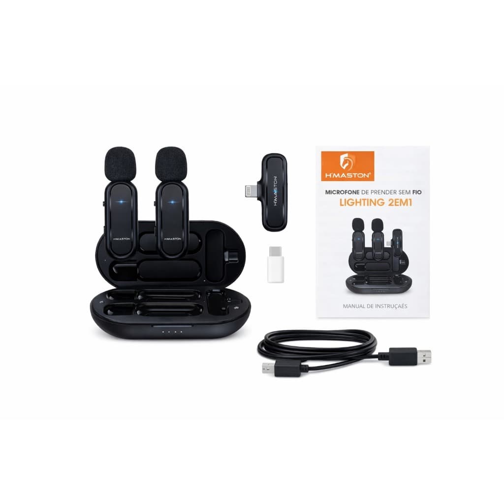 Microfone de Lapela Sem Fio H’Maston MK08 Tipo-C 2 em 1 | Duplo | 20m | Para Celular Android | Gravação Profissional