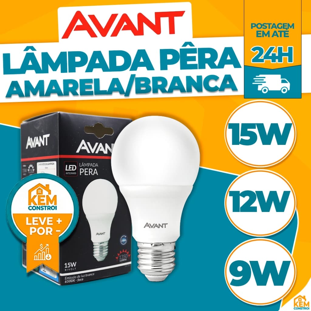Lâmpada LED Bulbo Avant 9W/12W/15W E-27 Bivolt Branca 6500K ou Amarela 3000K Original Econômica