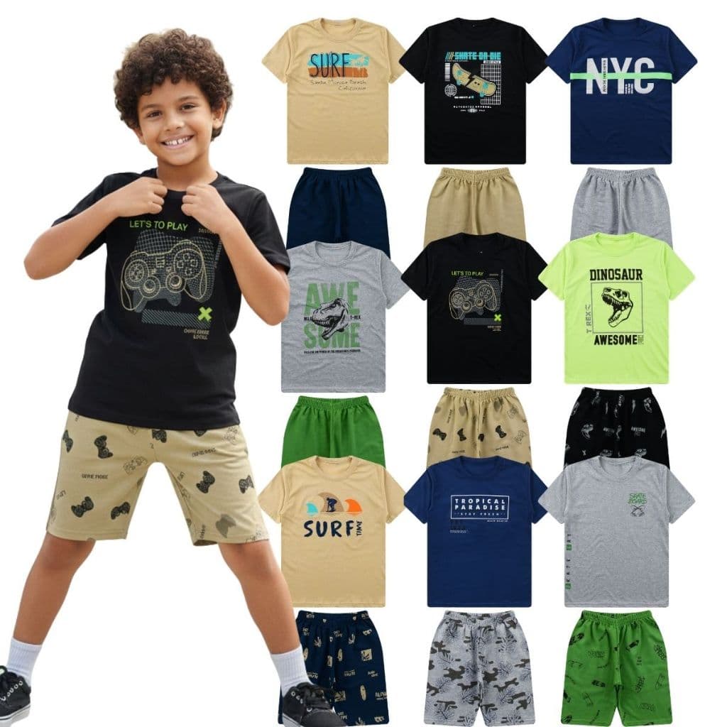 Kit 4 Peças Conjunto Infantil Menino Juvenil Masculino 10 ao 16 Anos Bermuda Camisas Barato Algodão