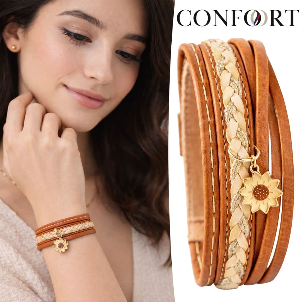 Pulseira de Couro Feminina Delicada Trançada Pingente Girassol Coração - Vários Modelos