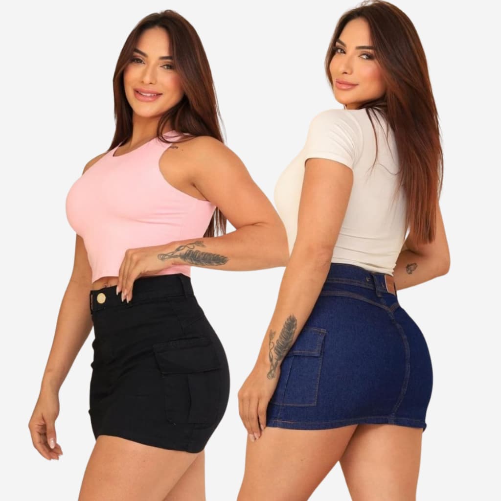 Saia Jeans Cargo Feminina Blogueira Moda Gringa Com Bolsos Laterais