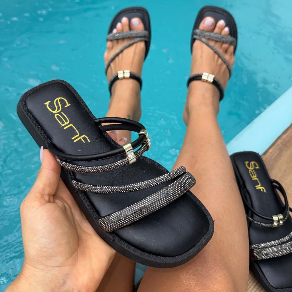 Papete Sanf Flat Confortável Macia Brilho Strass Elegante Pedraria Rasteira Sandália Feminino Básica