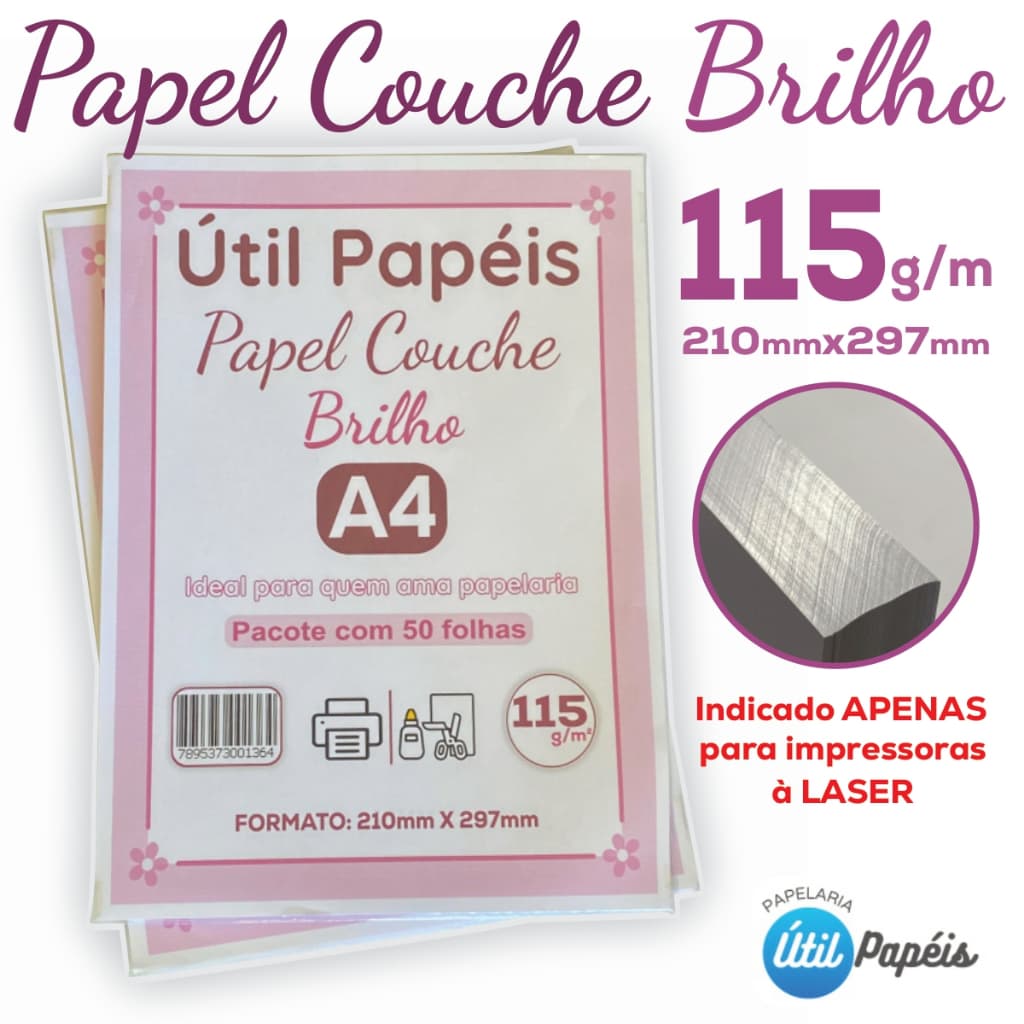 Papel Couche Brilho 115g A4 - Pacote com 50 folhas Branco Liso Brilho Dupla Face P/ Laser 210x297mm