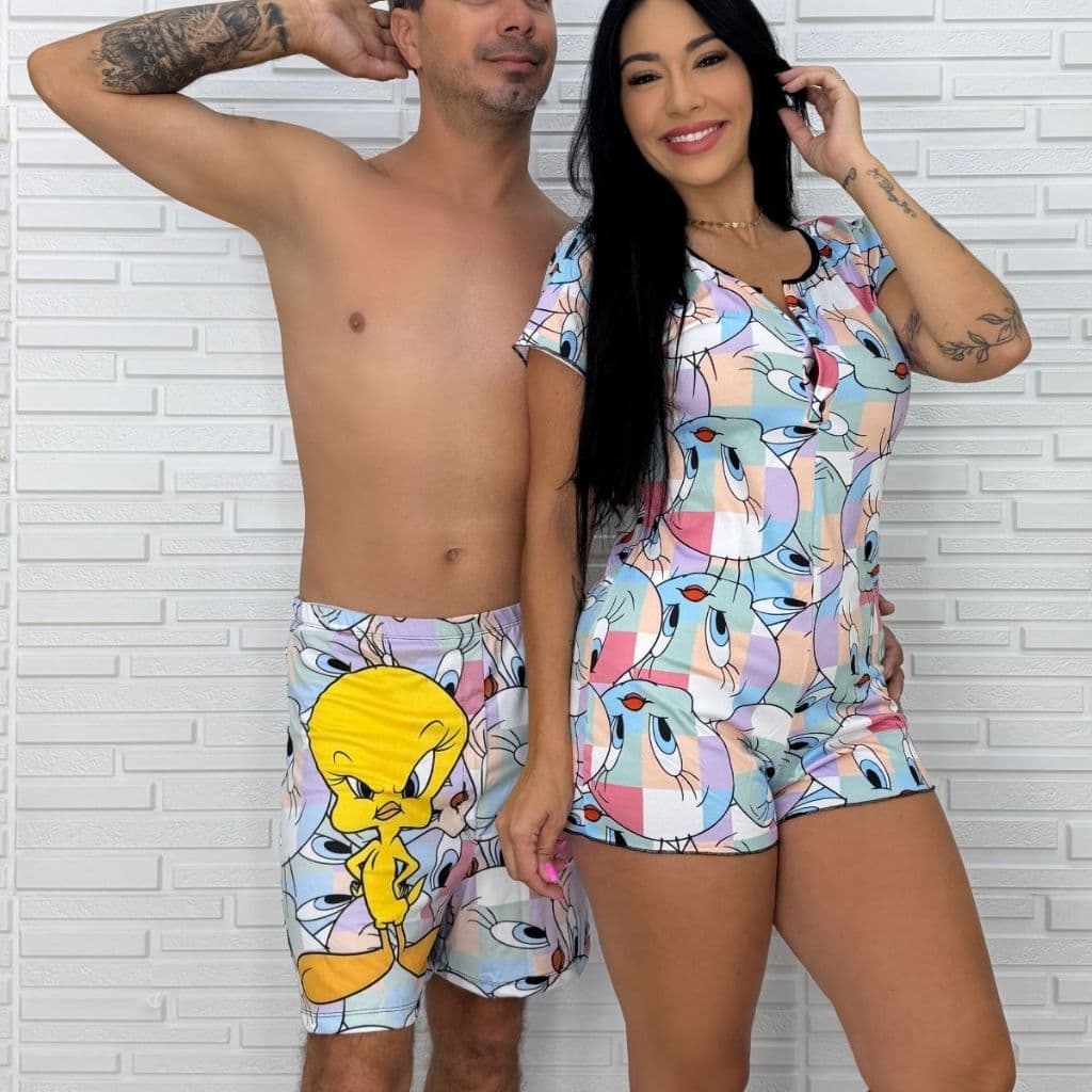 Kit Casal Pijama Personagens Cueca Samba Canção + Macaquinho Feminino Verão Presente Namorados Confortável
