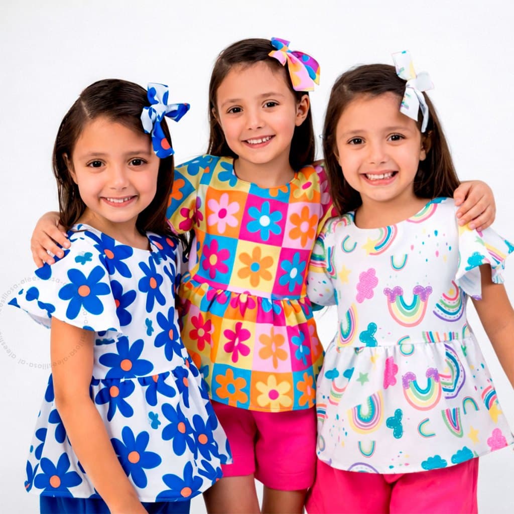 Conjunto Infantil Menina Estampa Colorida Short Blusa e Laço Poliéster