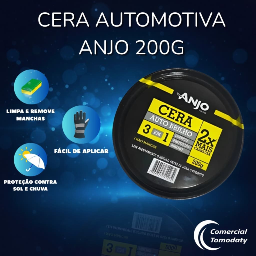 Cera Auto Brilho Anjo  200g – 3 em 1, Polimento- Não Mancha, Limpa, Protege e Dá Brilho