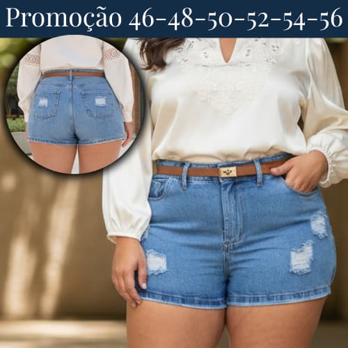 Short Plus Size com Cinto Cintura Alta Modelagem Confort Empina Bumbum Bolsos Reais