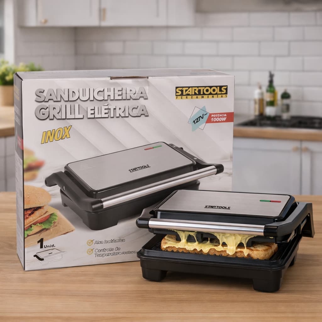 Sanduicheira Elétrica Grill Inox 1000 W Antiaderente 127V Sanduíches Grelhados Pães Legumes e Carnes