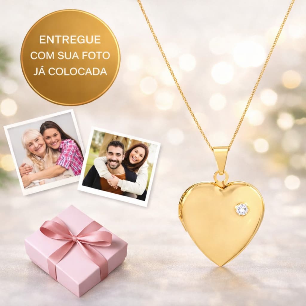 Colar Relicário Coração Ponto de Luz Semijoia de Luxo Banhada a Ouro18k Garantia