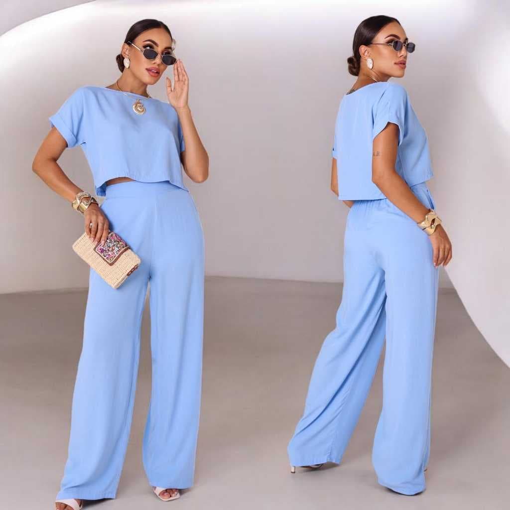 Conjunto Feminino Calça Pantalona Wide Leg Reta Elastico na Cintura Alta com Blusa Cropped M G.