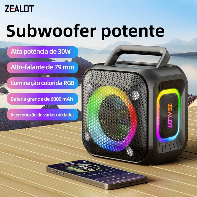 ZEALOT PT01 Caixa Bluetooth 30W IPX5 Portátil TWS 6000mAh Grave Potente Outdoor Alta Performance