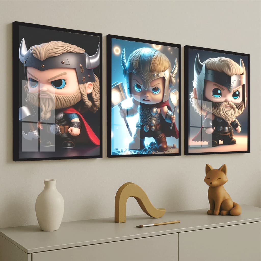 Quadro Moldura e Vidro Kit Três Peças Heróis Thor Baby Barba Capacete Decoração Quarto Infantil