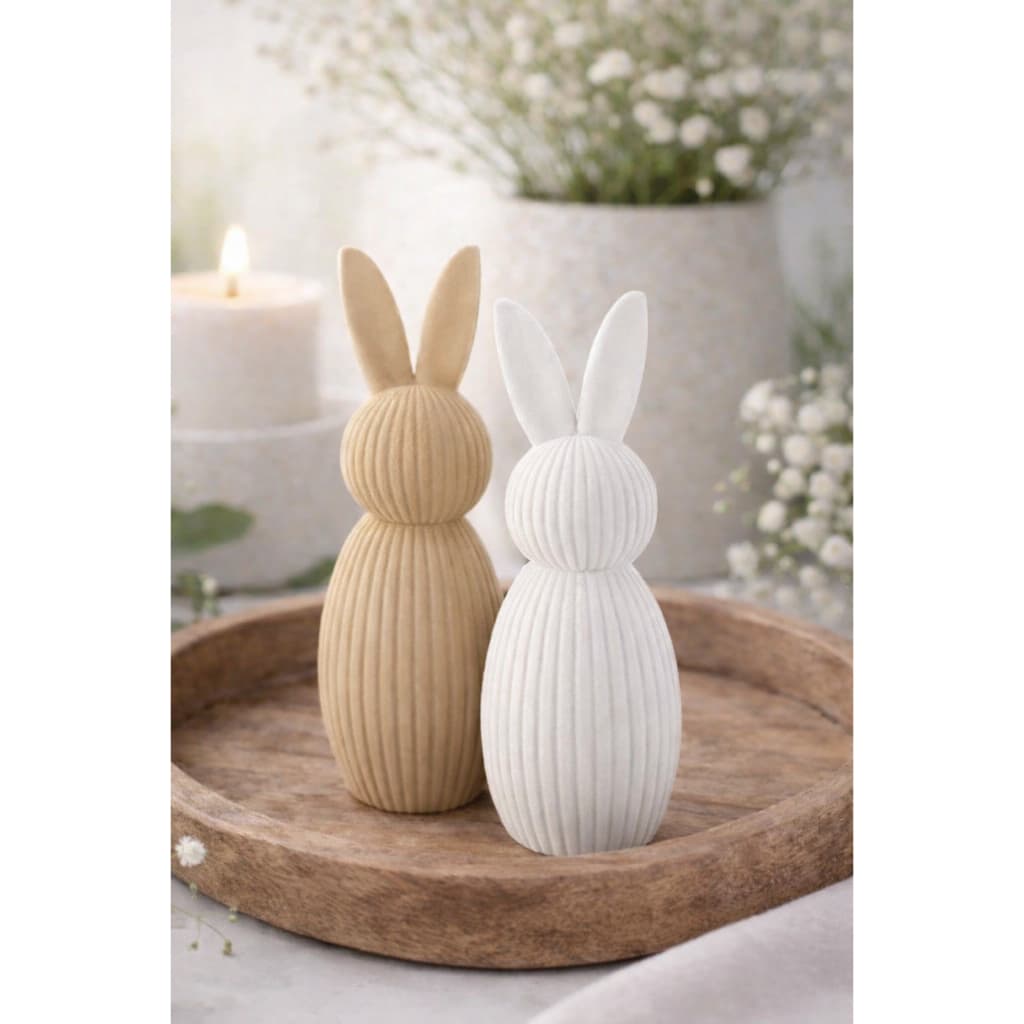 Conjunto De Coelhos da Páscoa Minimalista Bege Texturizado - Enfeite de Decoração para Sala Mesa Posta Estantes
