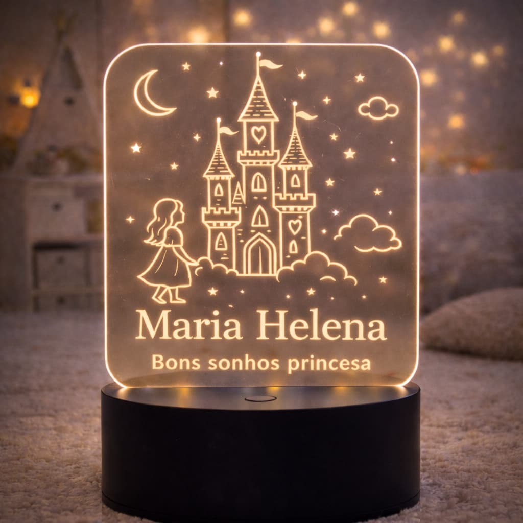 Luminária Acrílica LED Personalizada Infantil - Tema Castelo Princesa com Nome