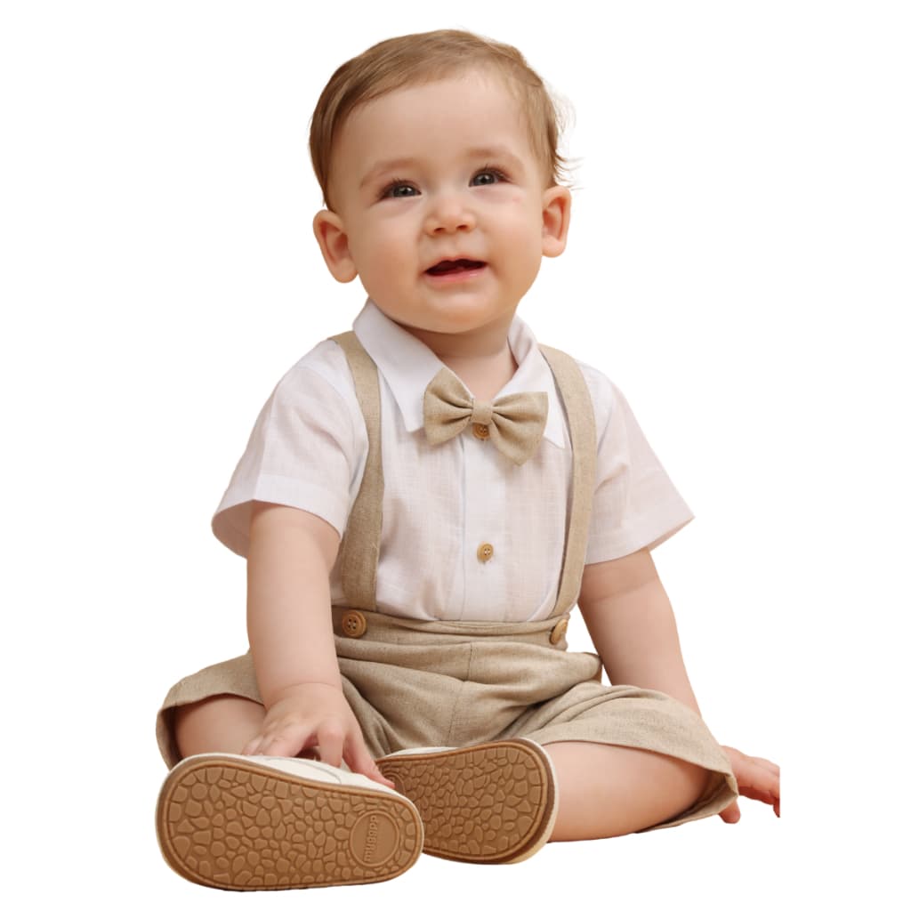 Conjunto Batizado Pajem Suspensório Gravata de Linho Bege/Palha Bebê Infantil