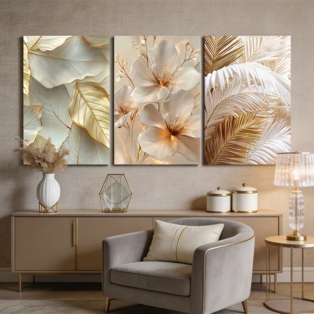 Kit 3 Quadros Decorativos Frames: Flowers, Feathers and Leaves - Suitable for Living Rooms and Bedrooms
