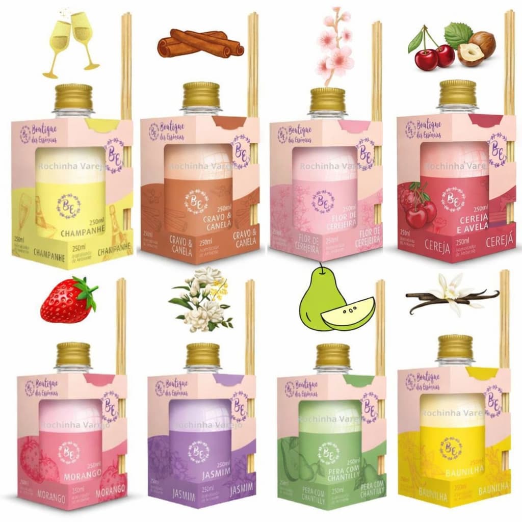 Kit 16 Aromatizadores de Ambiente 250ml Morango Jasmim Cereja Avelã Baunilha Champanhe Cerejeira Pera Chantilly Cravo Ca