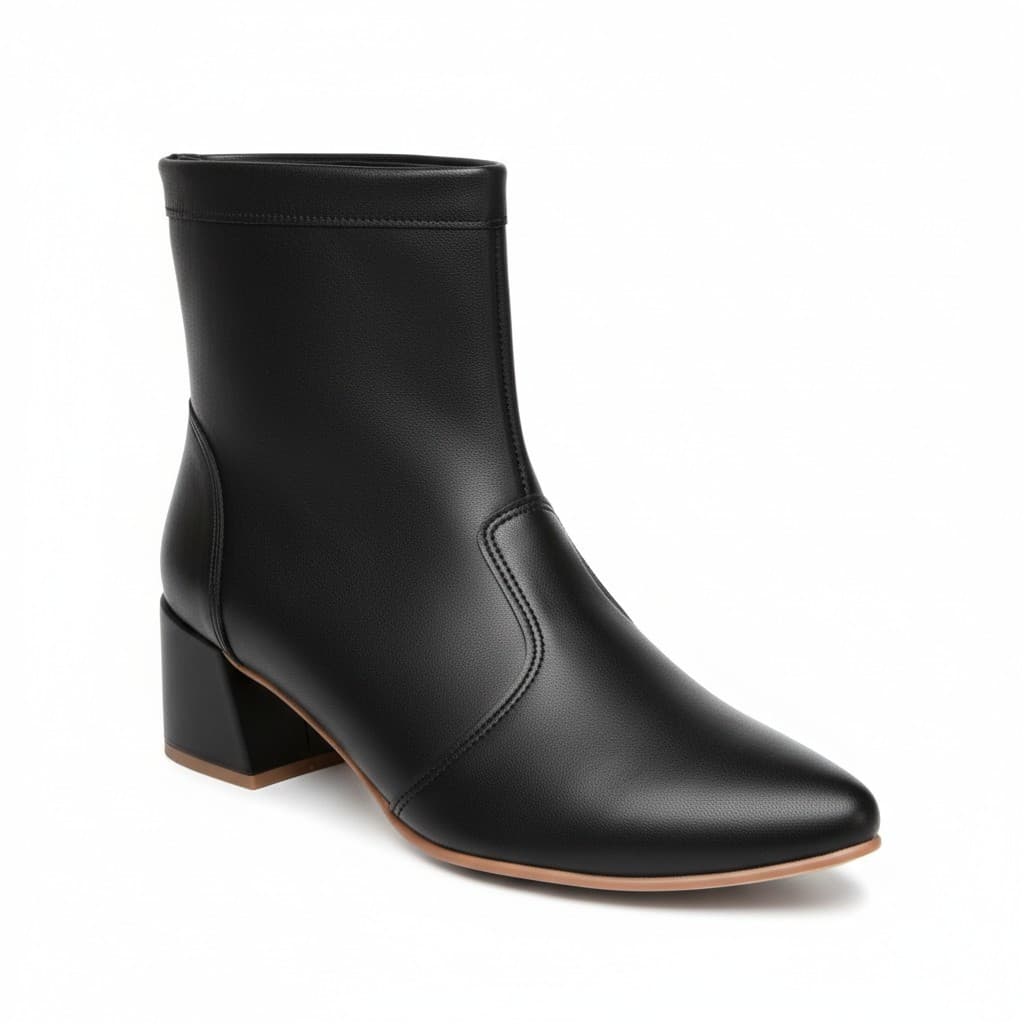 Bota Feminina Lisa Bico Fino Cano Curto Salto Bloco Geometrico Grosso com Zíper Lateral Elegante
