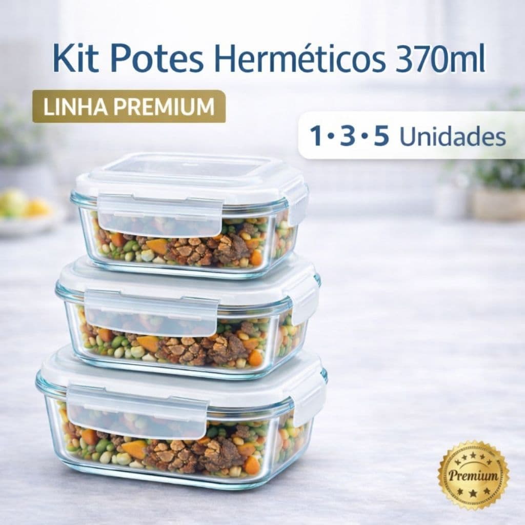 Kit Potes de Vidro Hermético 4 Travas Linha Premium -370ml - 1 | 3 | 5 Unidades - Marmitas Freezer