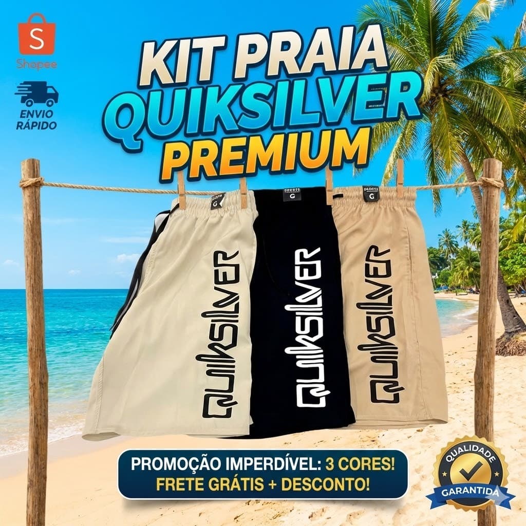 Bermuda QUIKSILVER LETREIRO Masculina Bolso Lateral Shorts Confortável