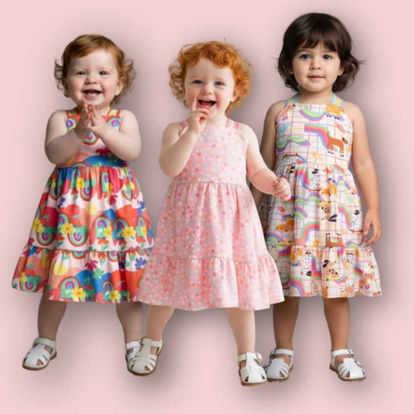 Combo Vestido 3 peças Menina Infantil Rodado Colorido Malha Estampado Feminino Alcinha Confortável