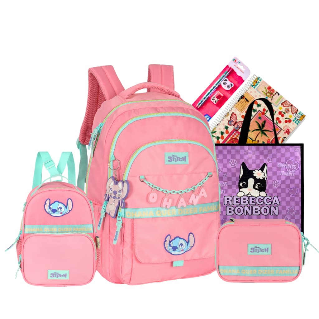 Kit Mochila Juvenil Escolar Stitch & Angel Rodinha Original 2026