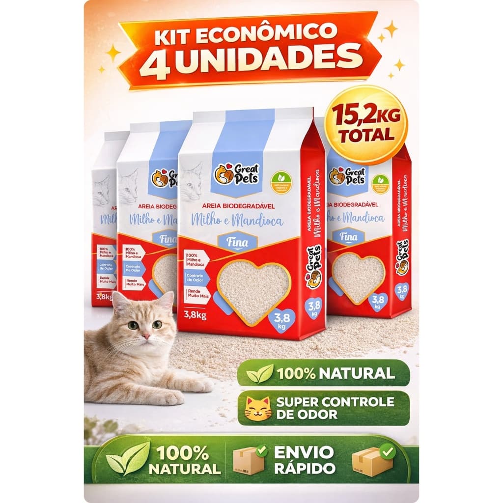 Kit 4x Areia Higiênica para Gato Biodegradável Milho e Mandioca 3,8kg Great Pets – Torrão Firme, Controle de Odor, Baixo