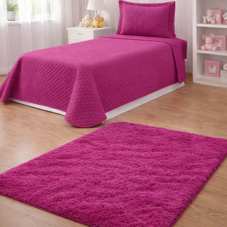 Kit Cobre Leito Colcha Solteiro 2 Peças Liso Pink E Tapete Peludo Felpudo Luxo Pink  Antiderrapante