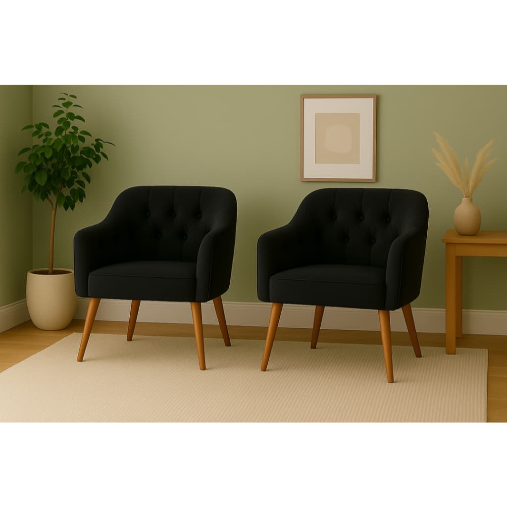Kit 2 Poltronas Capitonê Sala de Estar Quarto Escritório Confortável Luxo Recepção Pés Madeira