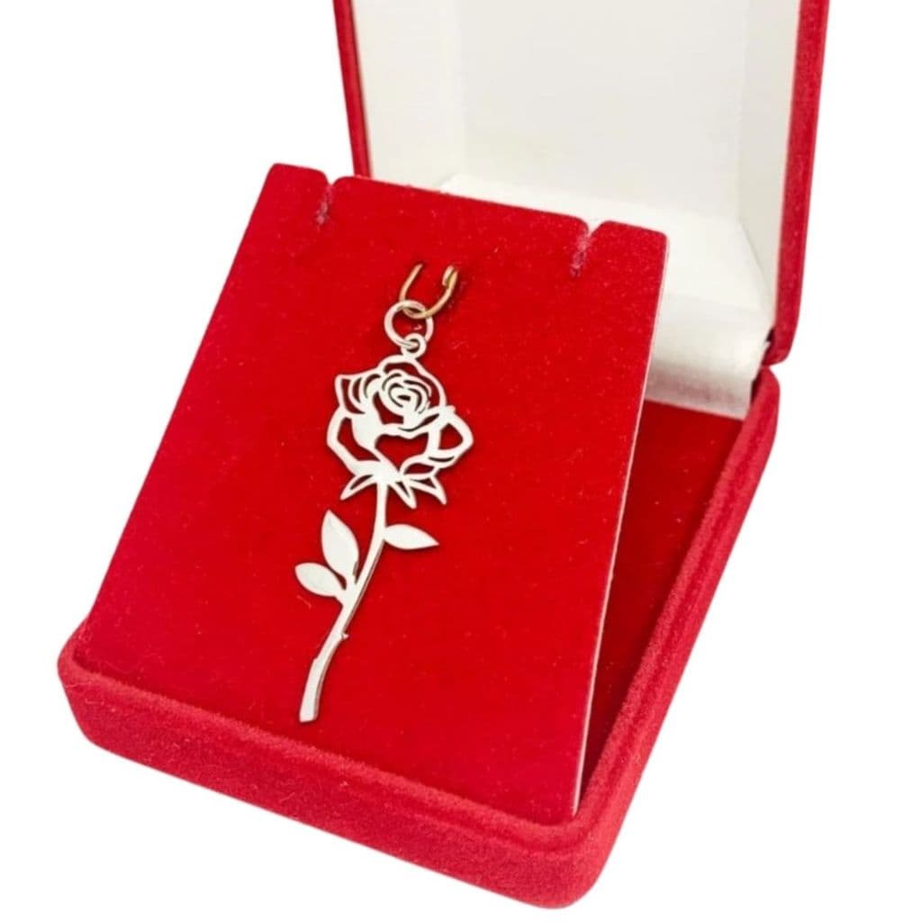 Pingente Flor Rosa com Caule Prata 925
