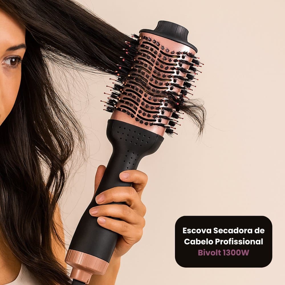 Escova Secadora de Cabelo Profissional Bivolt 1300W - Alisa Seca Iônica Anti Friz