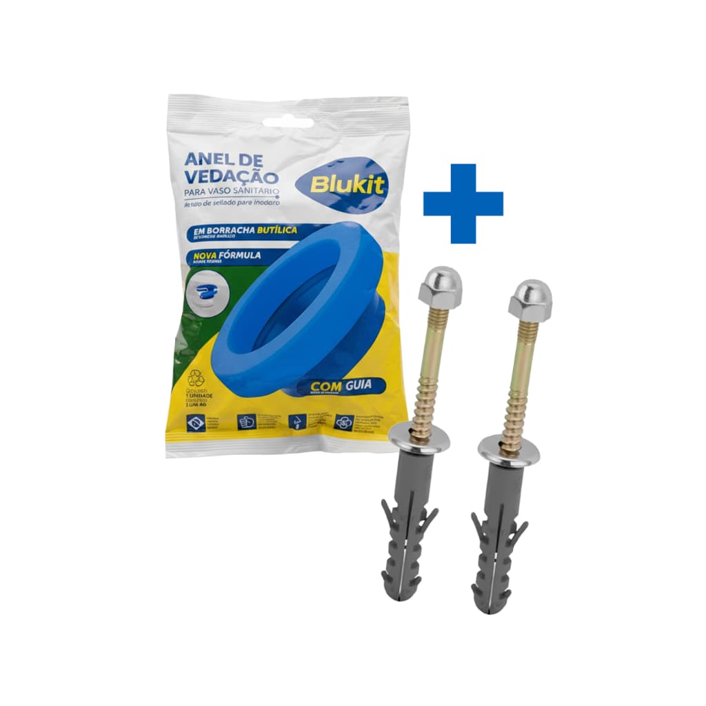 Kit Completo Instalação Vaso Sanitário: Anel de Vedação Blukit com Guia + Parafusos de Fixação