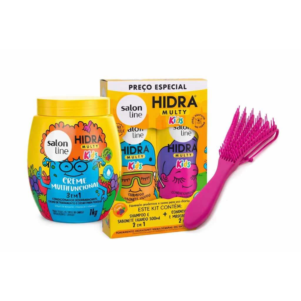 Kit Salon Line Hidra Multy Kids Completo Creme 1kg Shampoo Condicionador Escova Polvo
