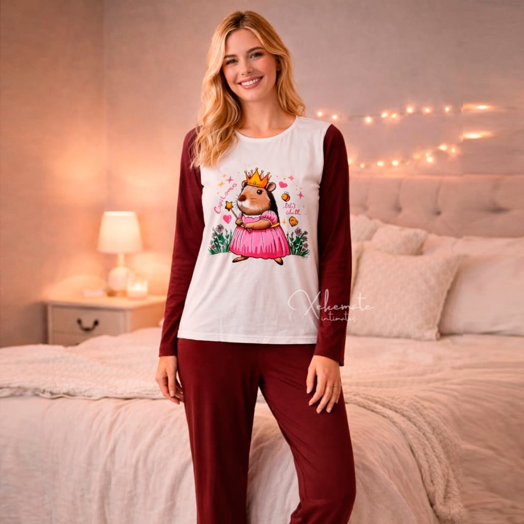 Kit Pijamas de Inverno Manga Longa e Calça em Suede Estampados Confortavel Moda Feminina