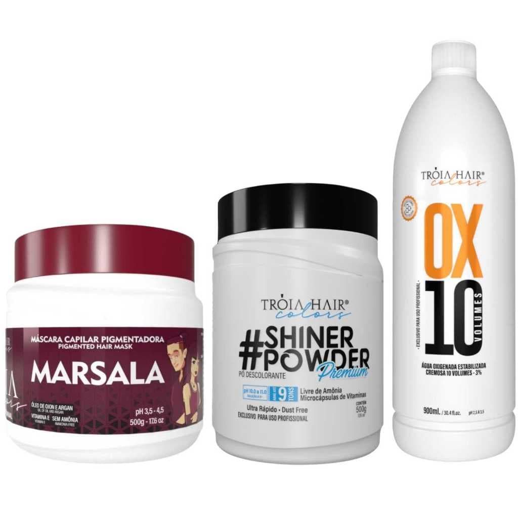 Pó Descolorante Premium 500g + OX 10 900ml + Troia Colors Marsala 500g - Troia Hair