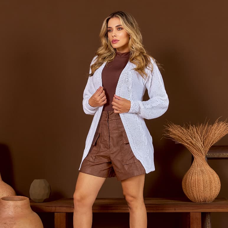 Cardigan Feminino Tricot Alongado Manga Longa Com Trama Luxo Inverno