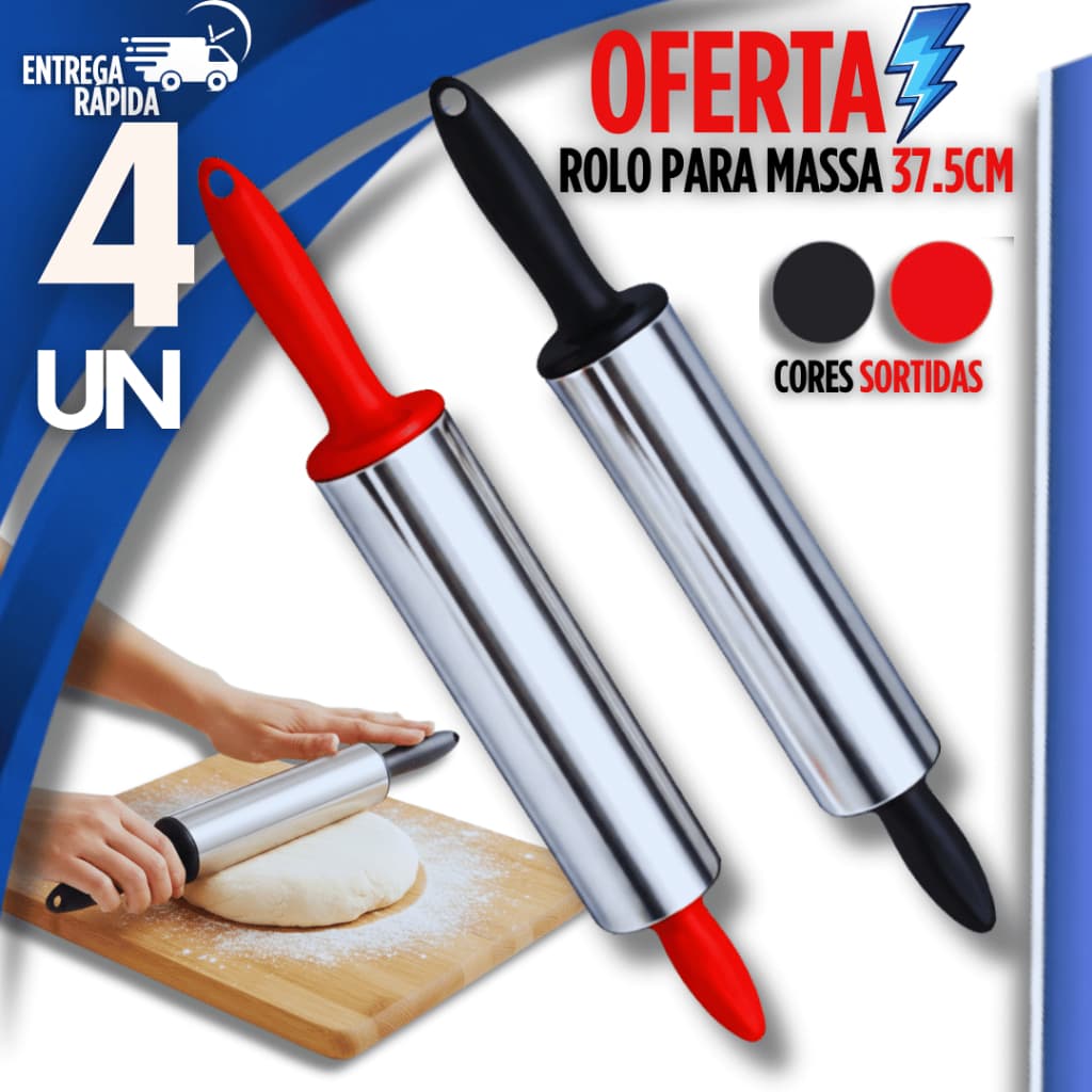 Jogo Rolo de Massas Pão Pizza em Inox Giratório com Cabo em Plástico 37,5cm Casa Cozinha Rolos
