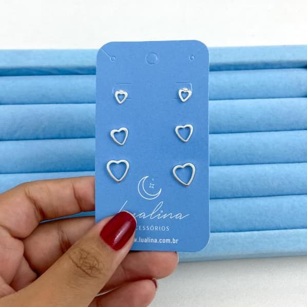 Trio de Brincos Coração Vazado - Banhado a Prata - Conjunto Feminino Delicado e Minimalista