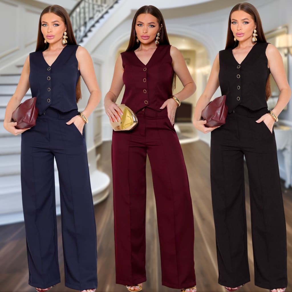 Conjunto Social Feminino - Colete e Calça Pantalona Alfaiataria Moda Premium