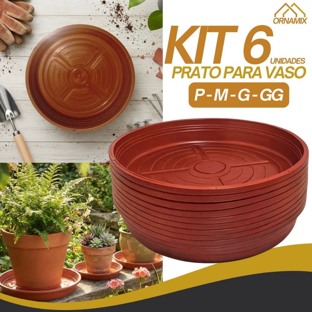 Kit 6 Prato Plástico Redondo P/ Vaso De Planta Cor Cerâmica Barato Com Furos P/ Vaso Suspenso - Pequeno Médio Grande