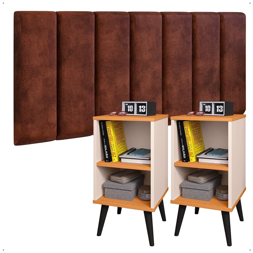 Conjunto Kit Placas de Cabeceira Modular Com 2 Mesas de Cabeceira Inclusa Charme Modelo Retrô