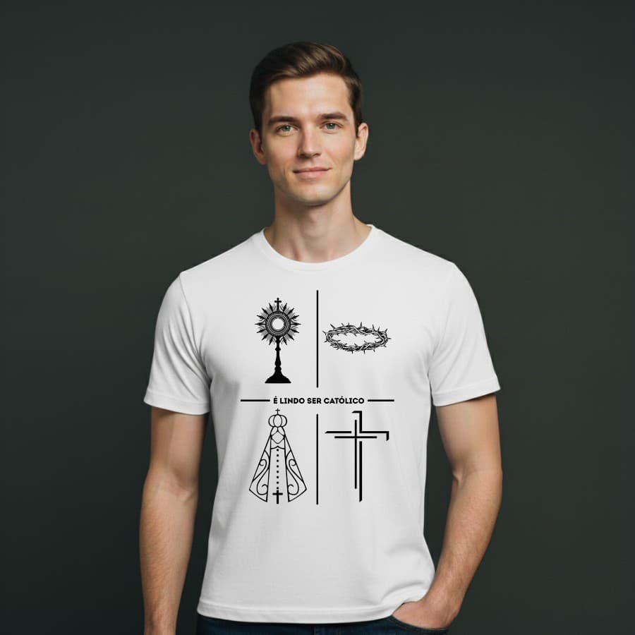 Camiseta Blusa Unissex Cristã 100% Algodão É Lindo Ser Católico Jesus Maria Cruz Coroa