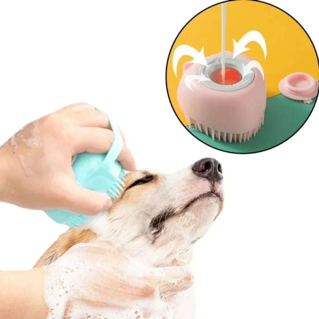 Escova Massageadora para Banho Pet – Cães e Gatos com Dispenser de Shampoo | Silicone, Cor Sortida