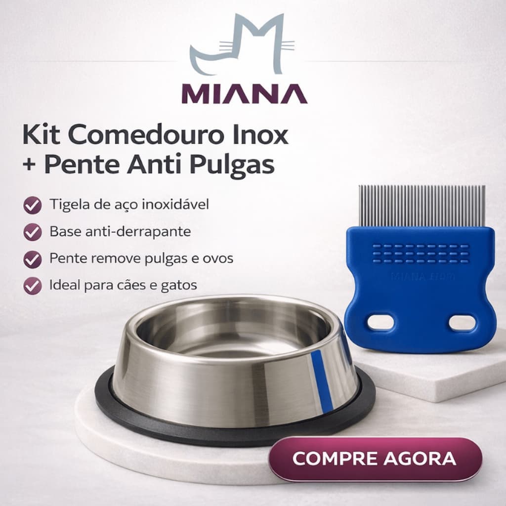 Kit Comedouro Inox + Pente Anti Pulgas Para Pets Higiene Prática Alimentação Pote Tigela Ração Pet
