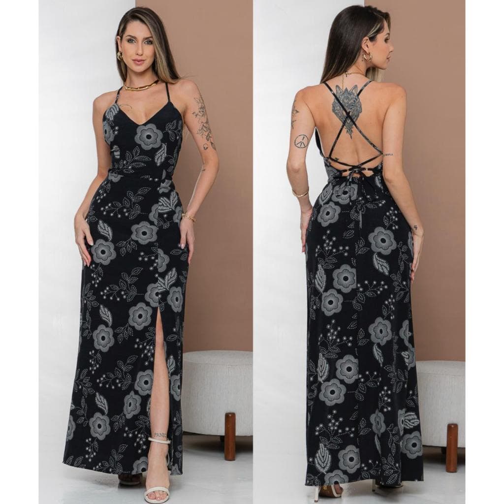 Vestido Longo Costas Traçadas Festa Feminino Elegante Com Fenda e Bojo Melina Chic