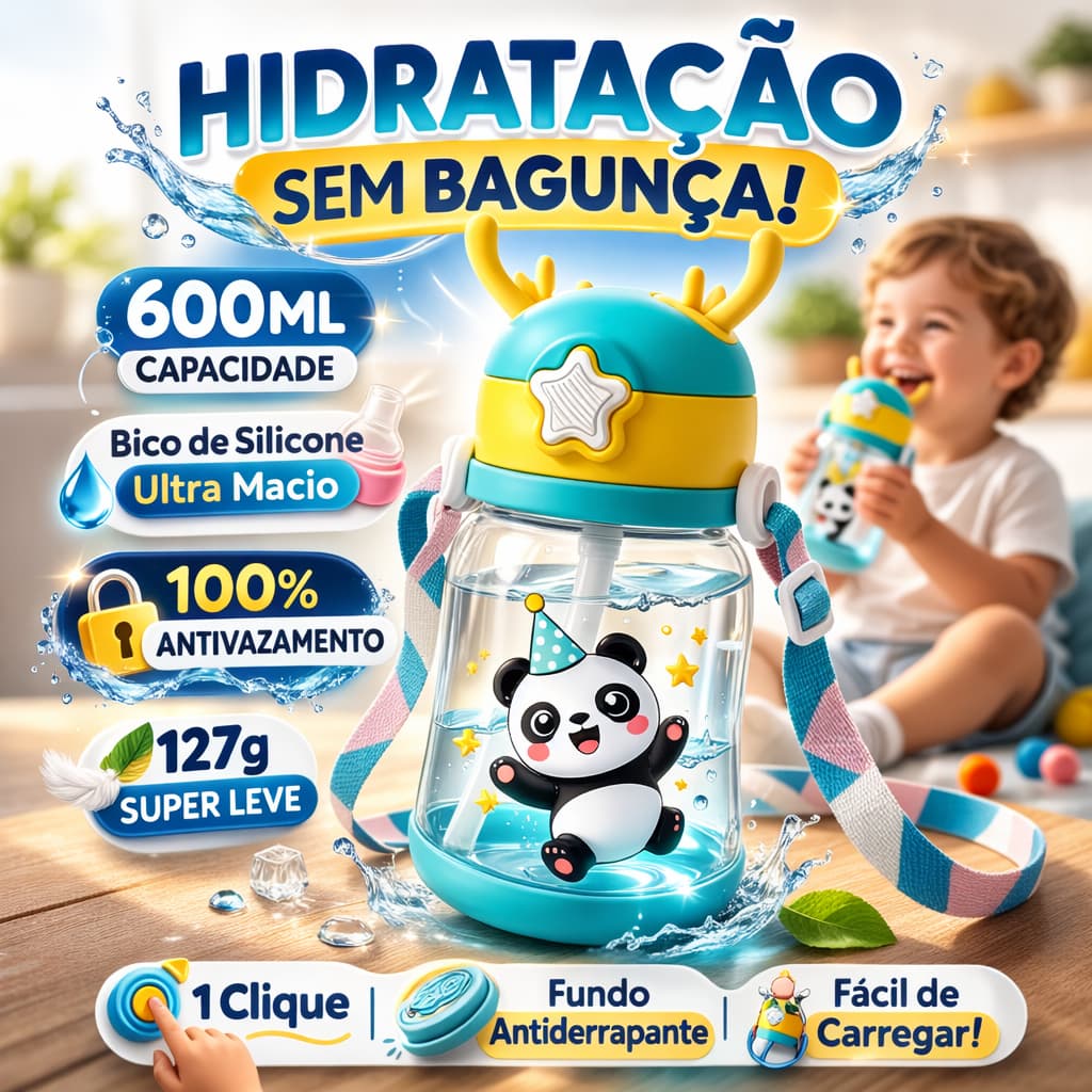 Garrafa Infantil Panda 600ml em Silicone Antivazamento com Canudo e Alça Ajustável Segura para Crianças