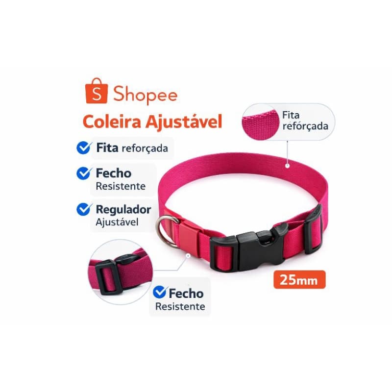 coleira pet 25mm, coleira ajustável reforçada, coleira porte médio, coleira resistente cachorro,