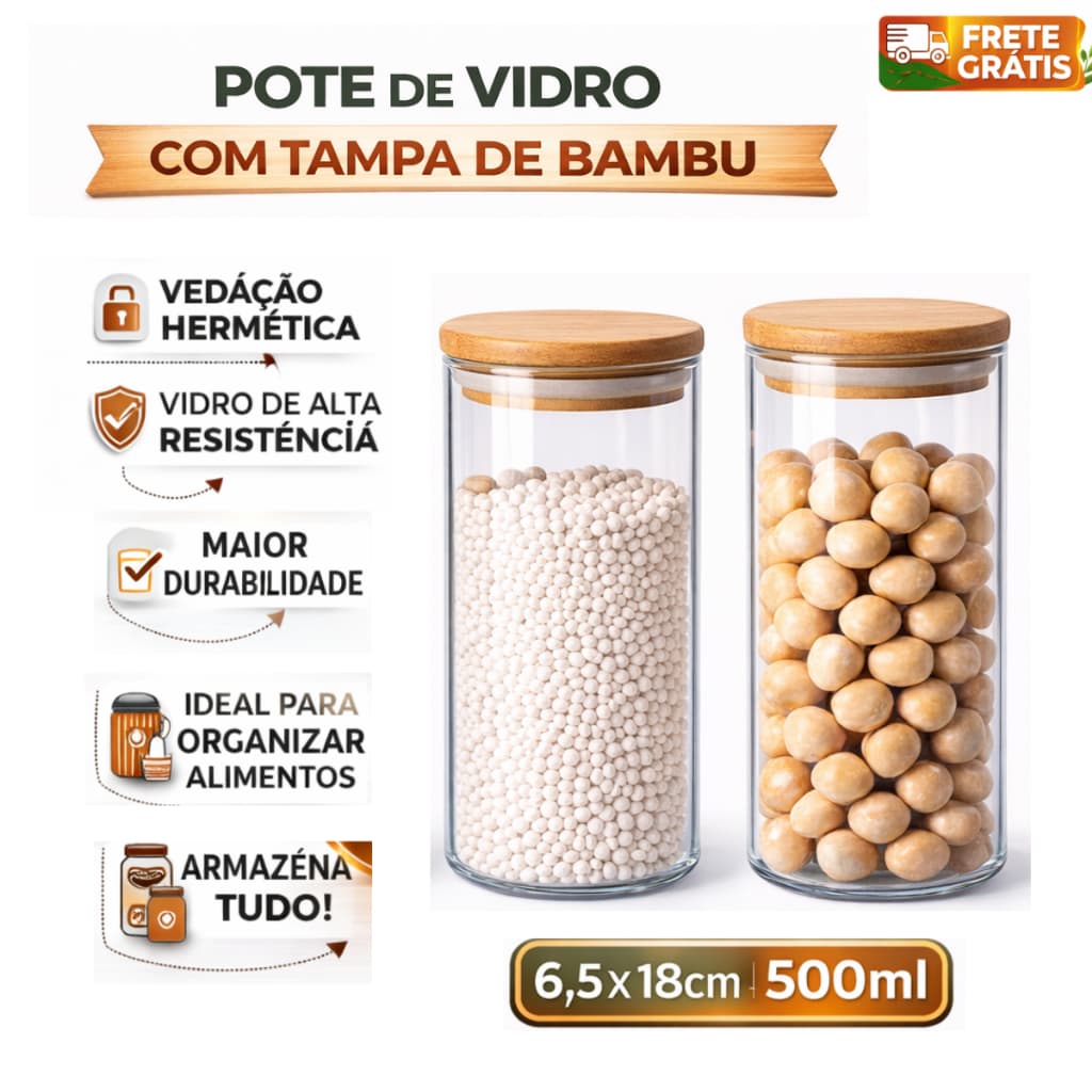Kit 2 Potes De Vidro Mantimentos 500ml Com Tampa De Bambu
